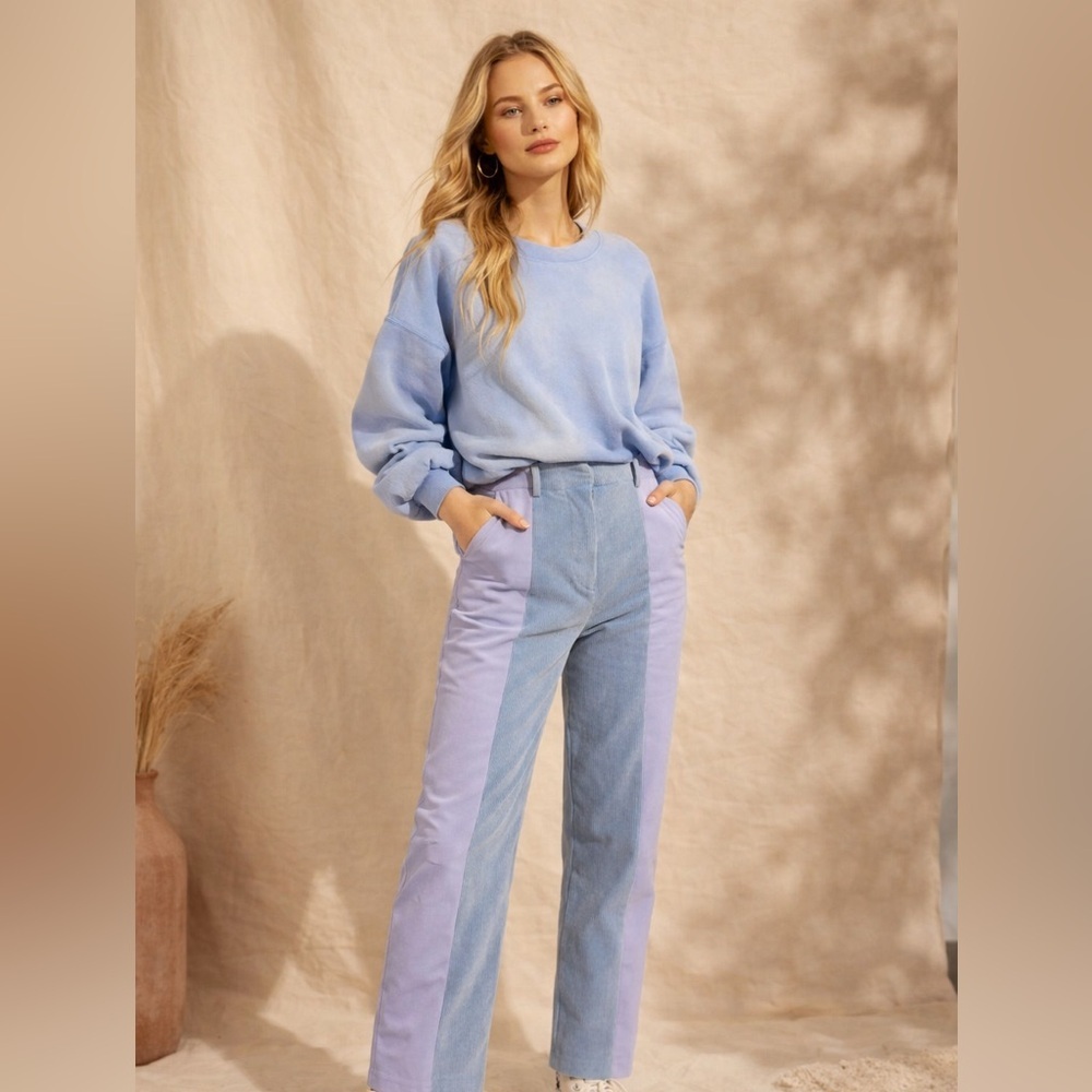 Papermoon Danielle Split Panel Pants Colorblock Corduroy Lavender Blue